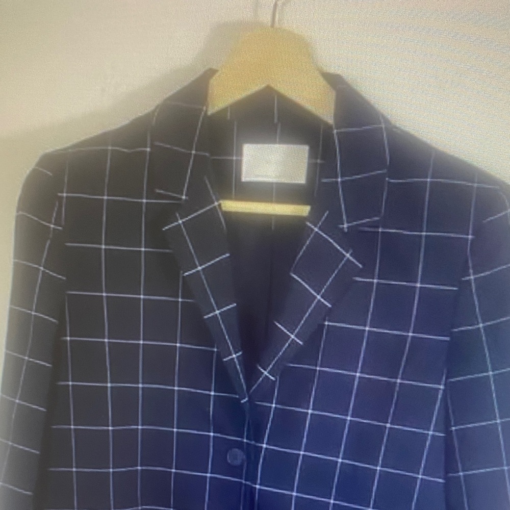 Oak+Fort Women’s Small Blazer Windowpane 3/4 Sleeve Lightweight Navy oversized